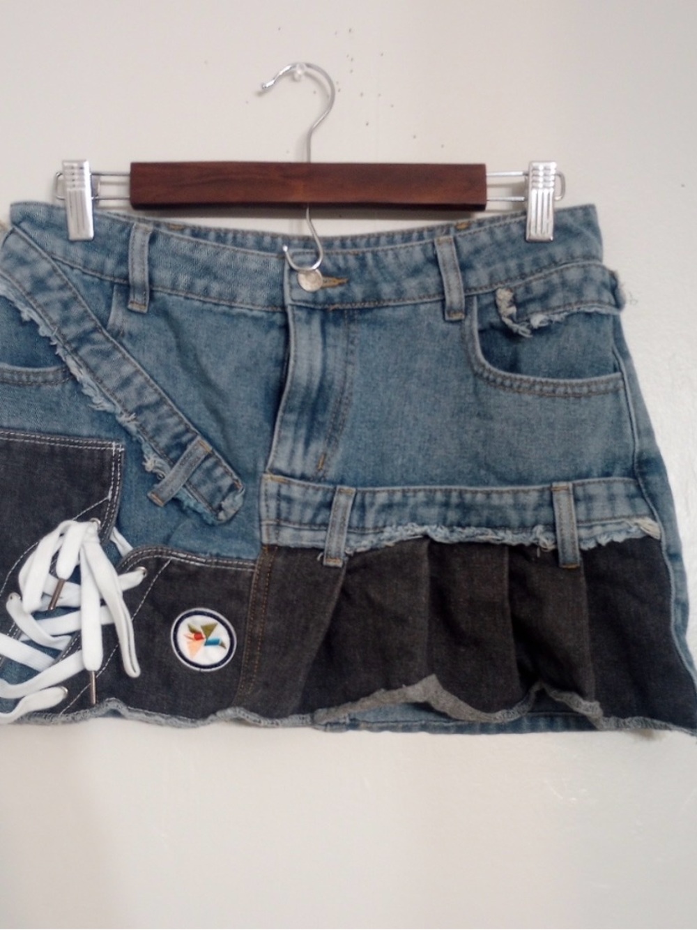 Akira Denim Patchwork Mini Skirt in Blue and Black